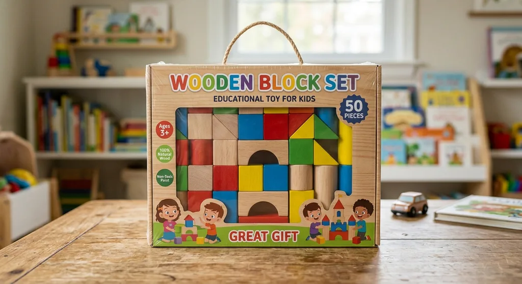 Weak toy listing before optimization showing generic wooden block set photo on white background