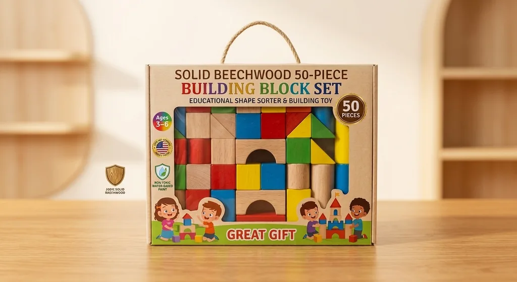 Optimized toy listing after AI enhancement with lifestyle scene of child playing with wooden blocks and age range badge