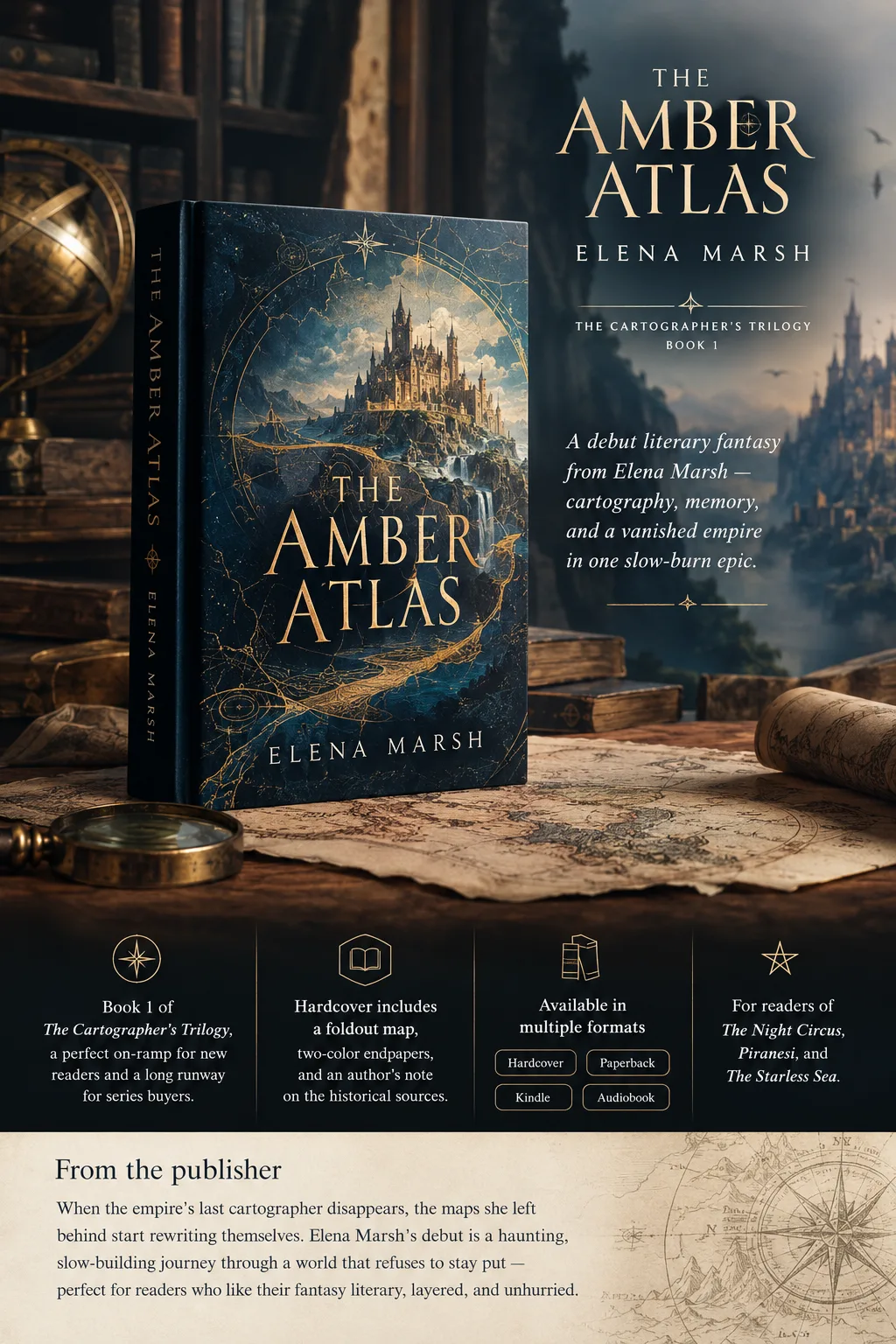 3D hardcover mockup of The Amber Atlas