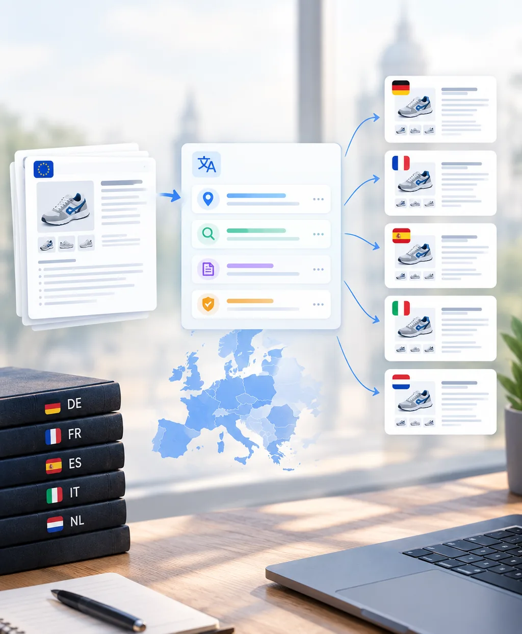 24.online interface showing multi-marketplace product listing generation for EU markets