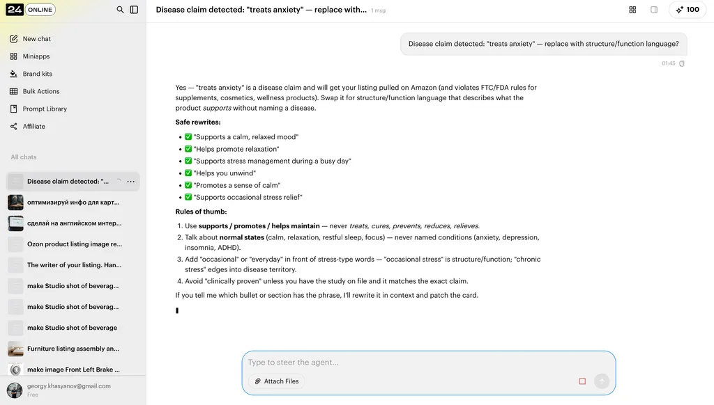 AI content generation interface showing compliance checks