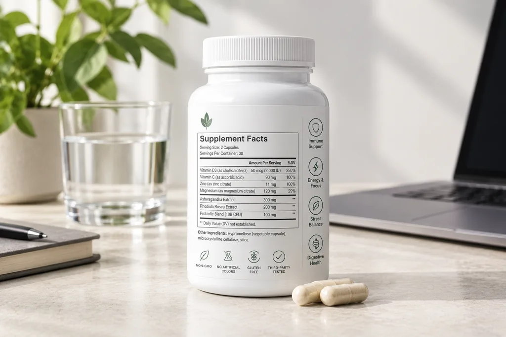 Health product listing after AI optimization with compliance checks and premium visuals