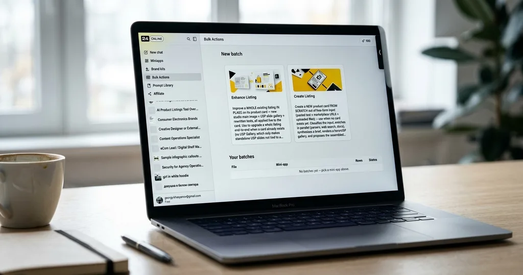 Screen recording of the 24.online interface: a seller selects Amazon from a marketplace dropdown, the product card automatically reformats to Amazon specifications, and a finished listing is exported.