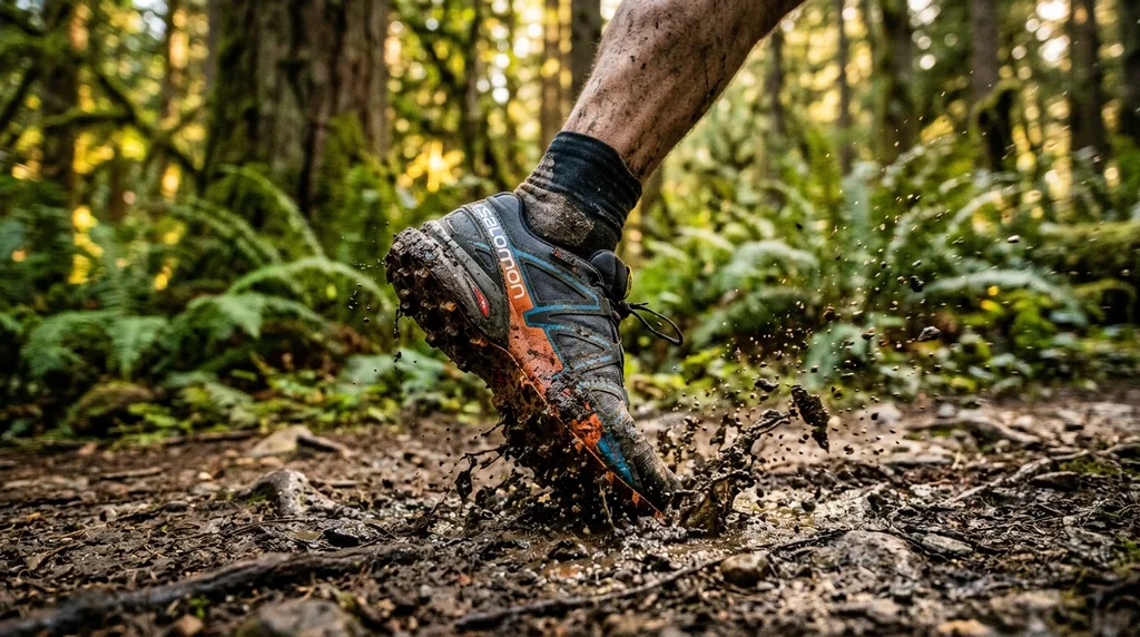 Trail running shoe action shot in the woods