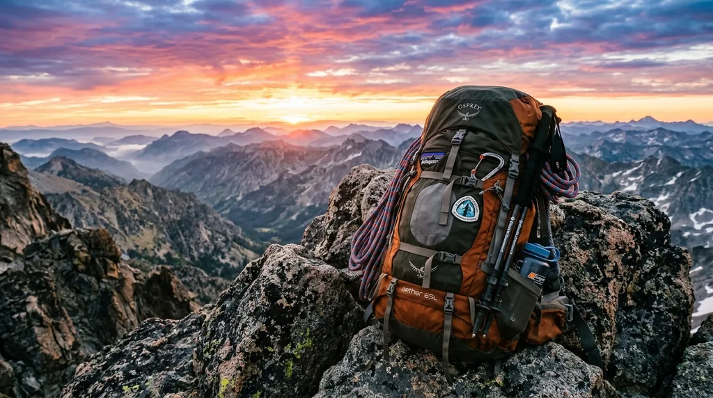 Hiking backpack at mountain peak sunrise
