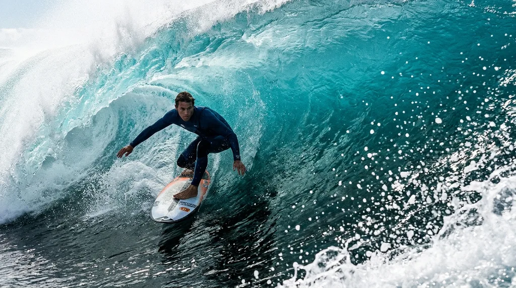 Surfboard riding a massive wave