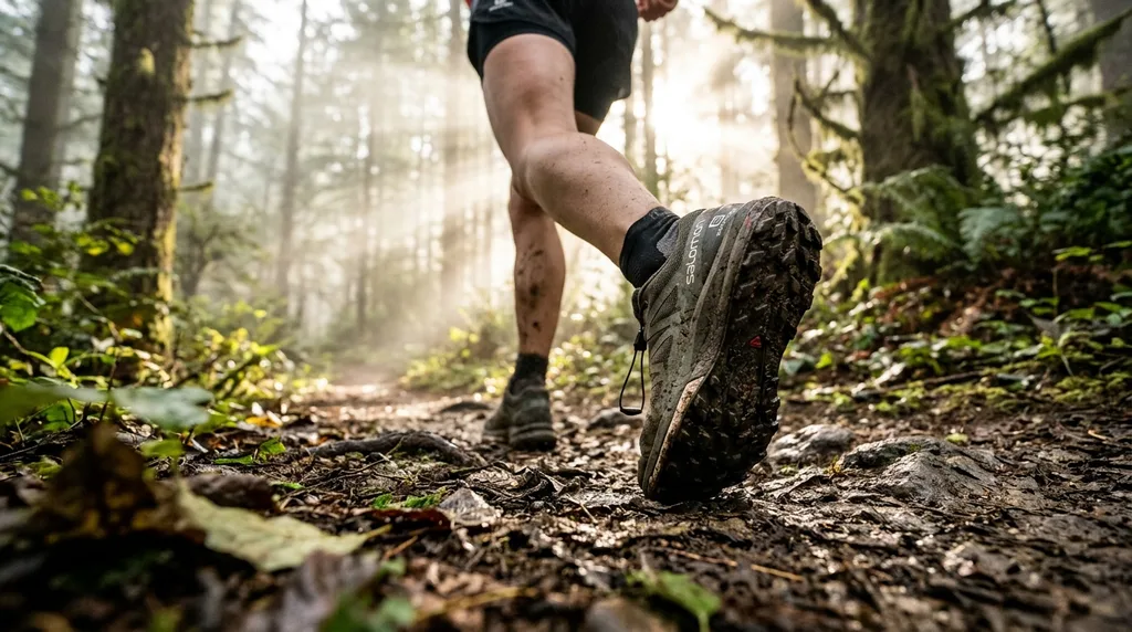 Functional scene showing running shoes on a trail