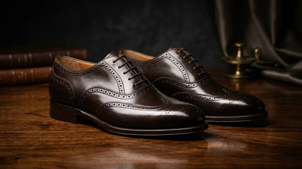 Studio setup highlighting dress shoe leather and stitching
