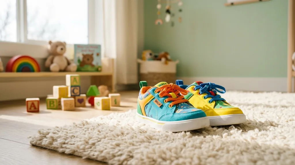 Kids shoes surrounded by a soft pastel and playful environment