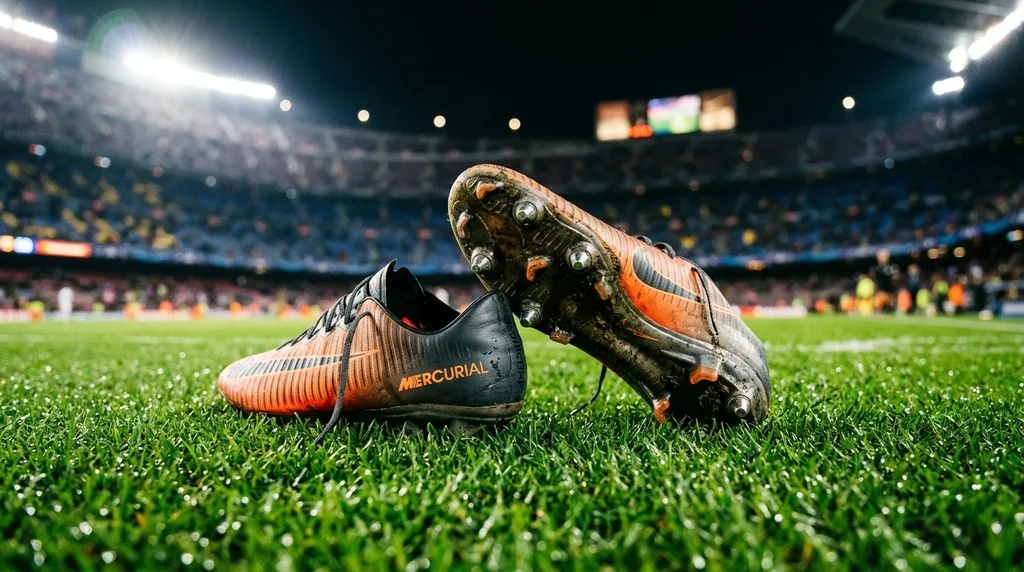 Sport specific shoes like football cleats in a stadium setting