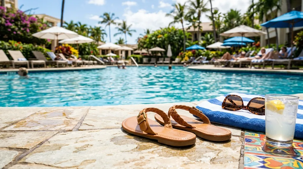 Sandals set against a bright poolside scene