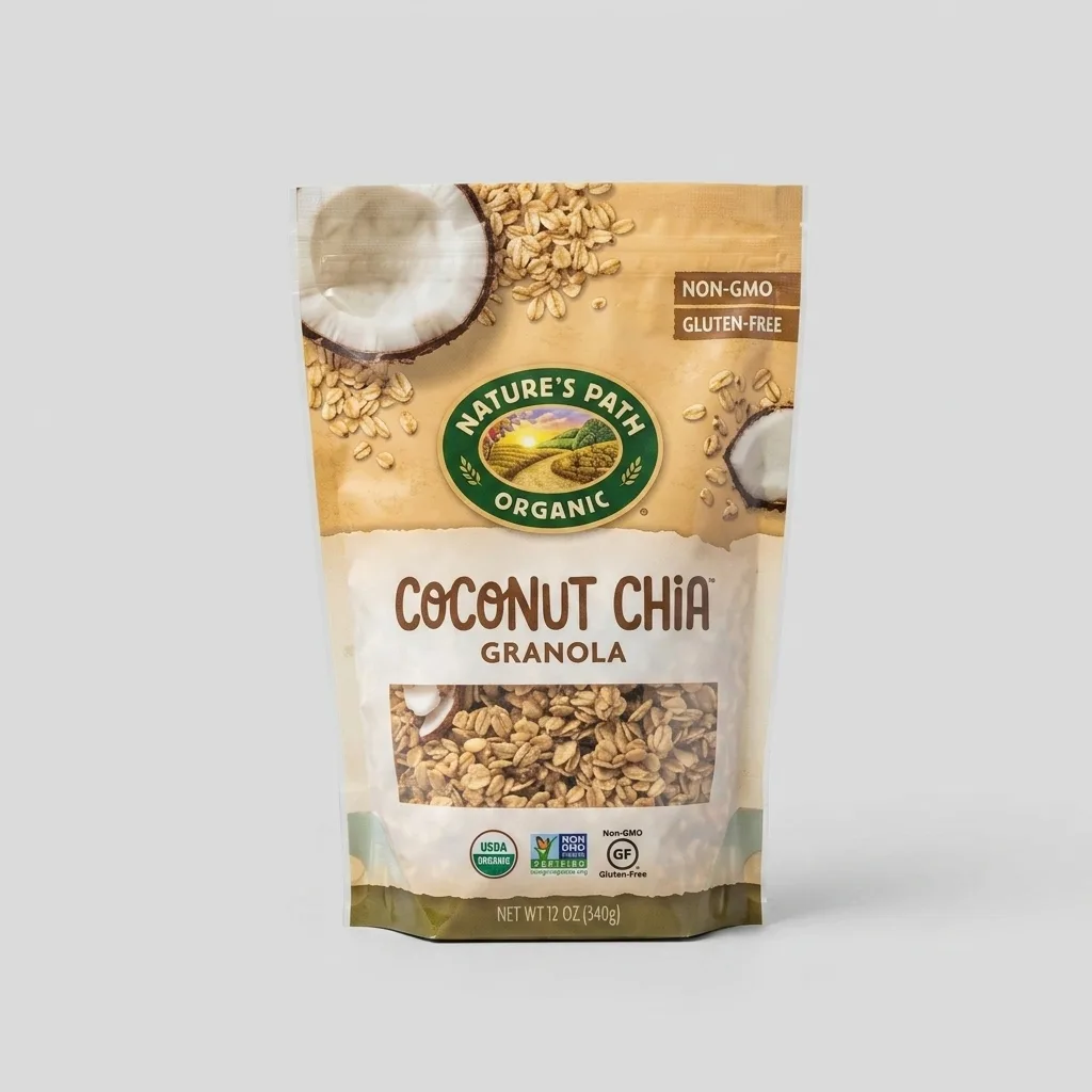 Professional studio pack-shot of a packaged snack product after AI processing