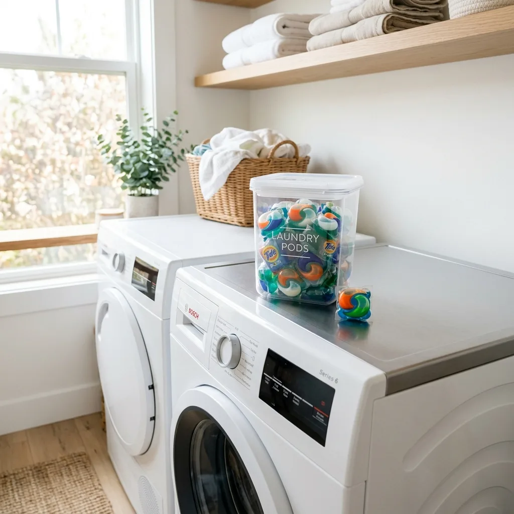 Household detergent pack-shot with usage instructions