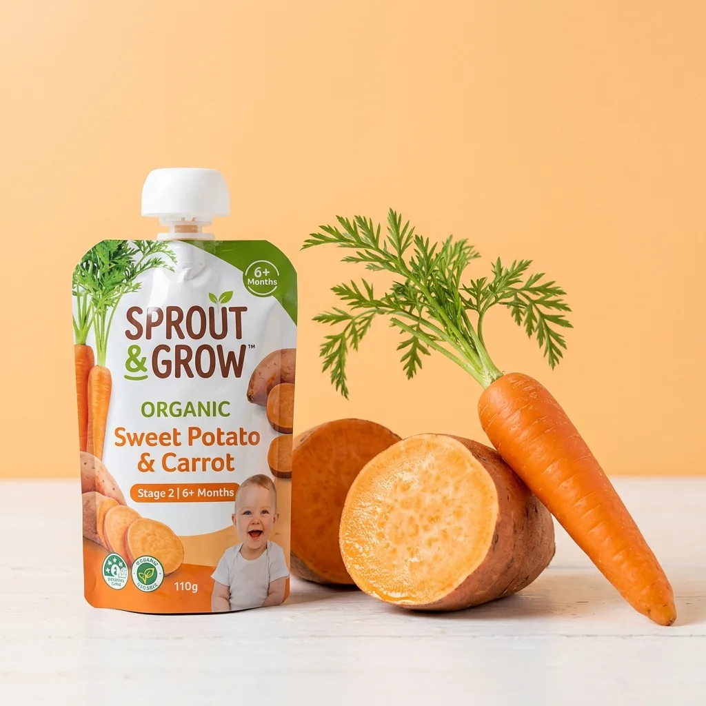 Baby food product pack-shot with age-stage badge