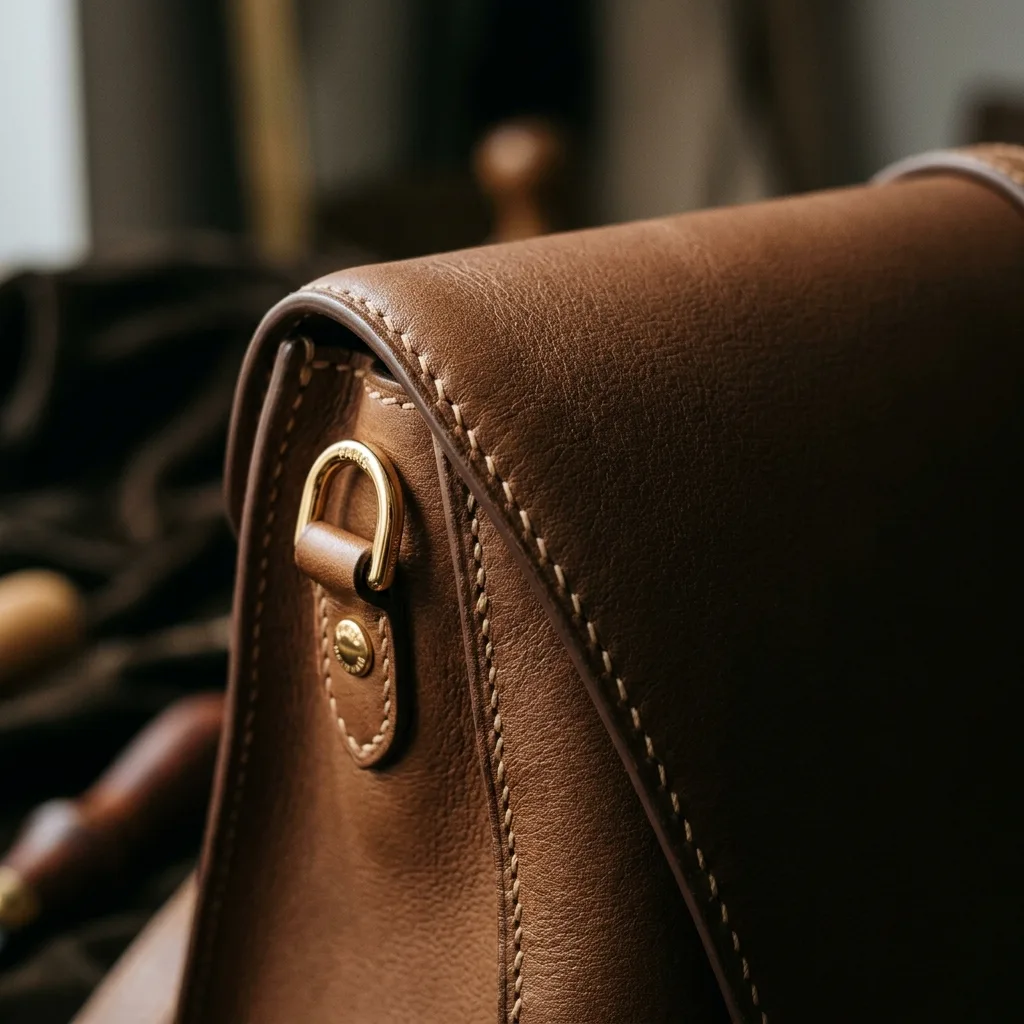 Luxury leather handbag stitching detail