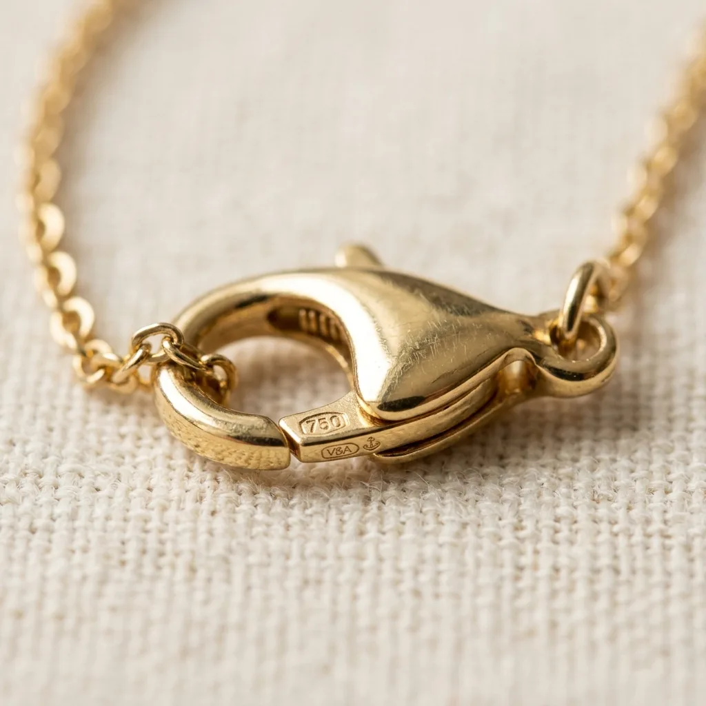 Gold necklace close-up showing hallmark