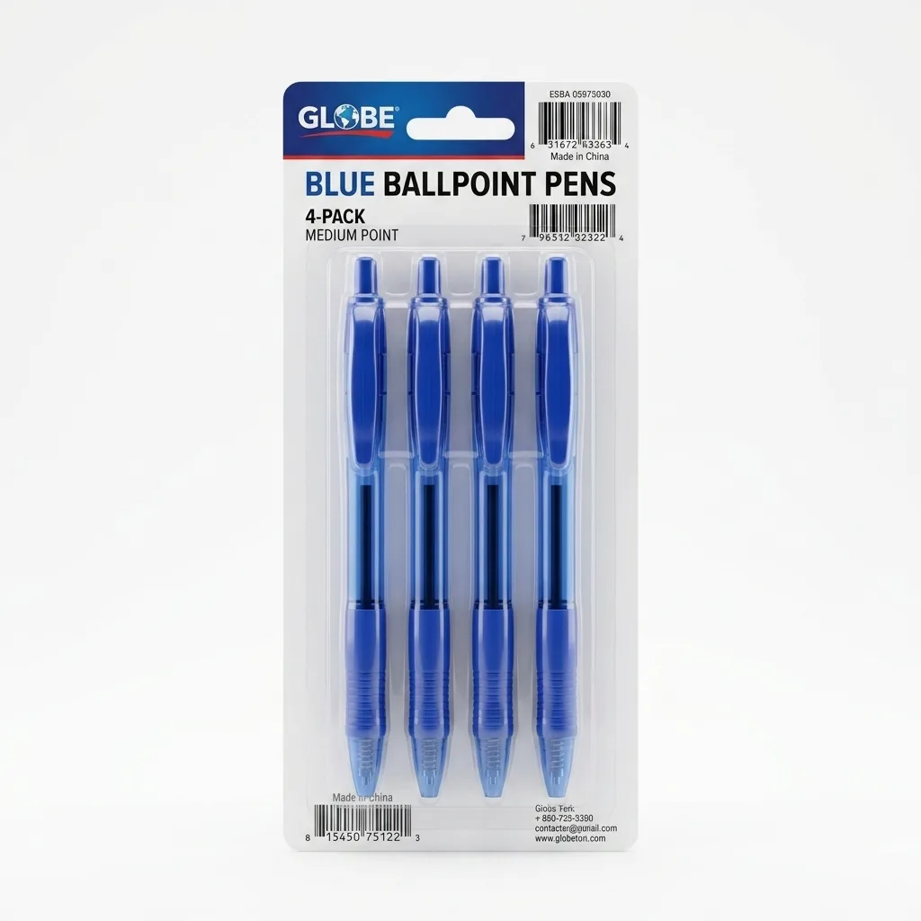 After optimization — studio-lit ballpoint pen pack with A+ infographic and SEO title, Office Supplies Writing & Pens