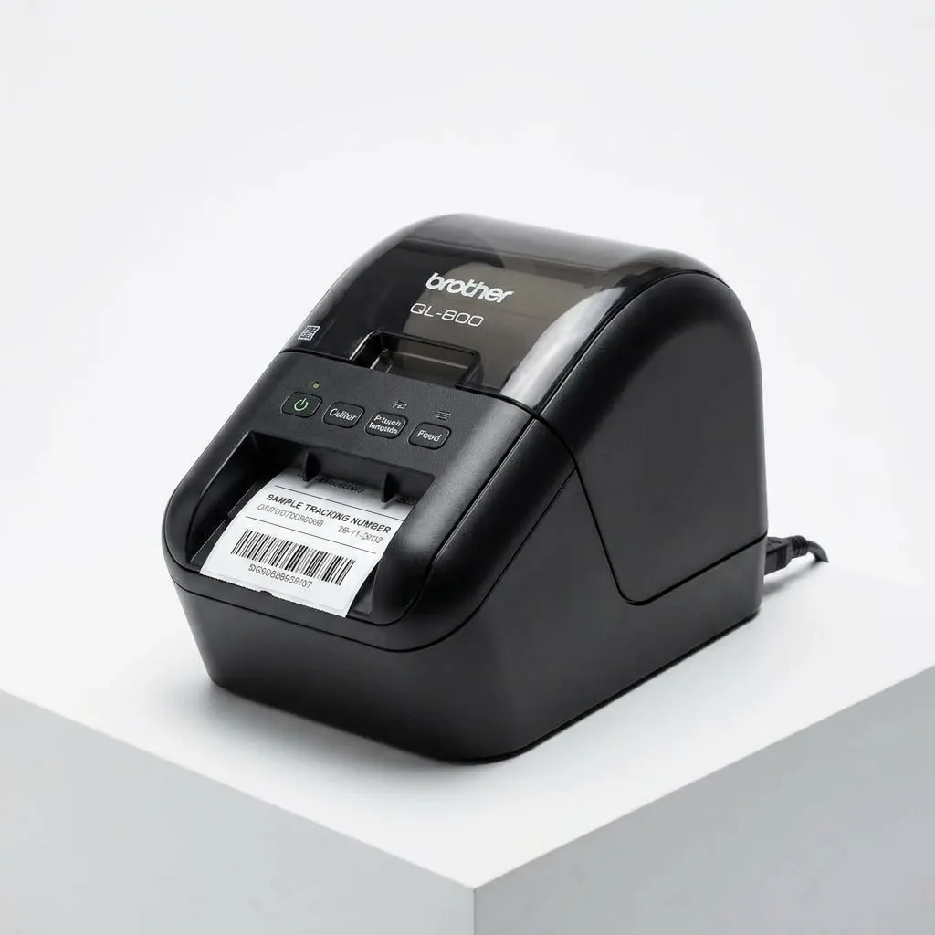 After optimization — crisp label printer product shot with feature badges, Office Supplies Office Tech