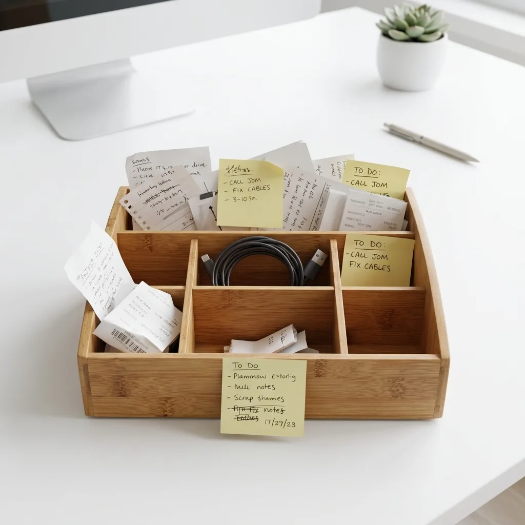 After optimization — styled desk organizer with dimension callouts, Office Supplies Desk Organization