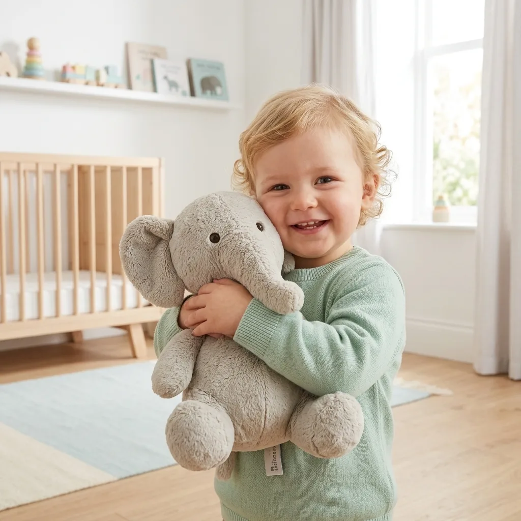 Lifestyle photo of a child with a plush toy, plus an age-grade badge, material callout, and safety-tested marker on the listing