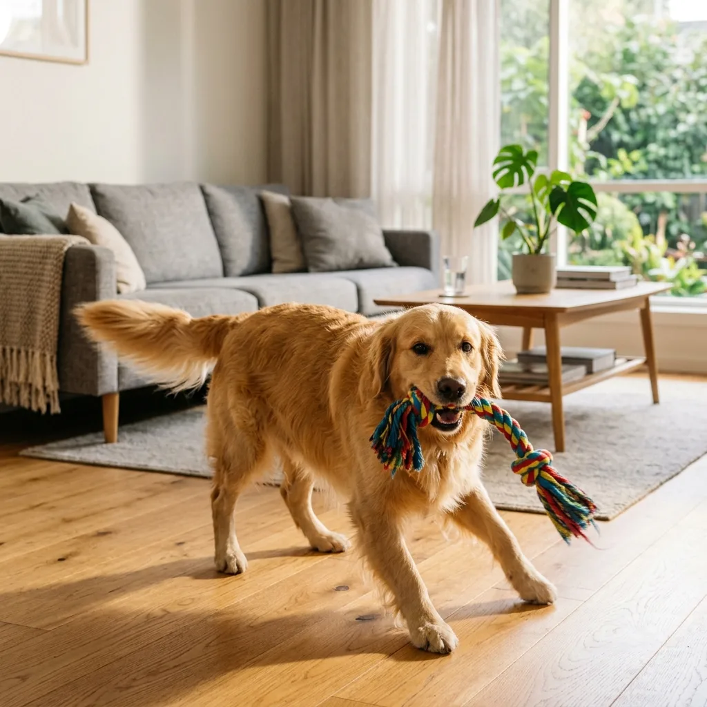 Dog with toy in lifestyle scene