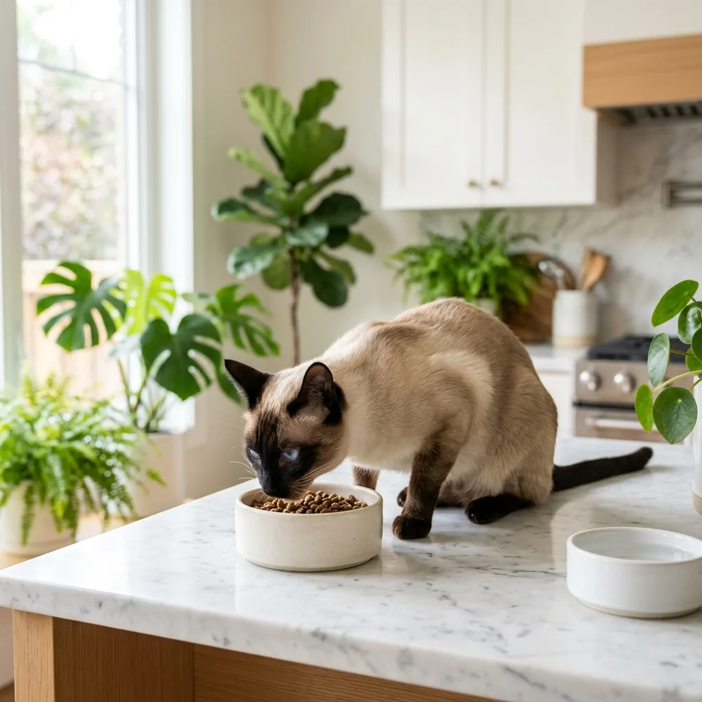 Cat at bowl in a kitchen setting