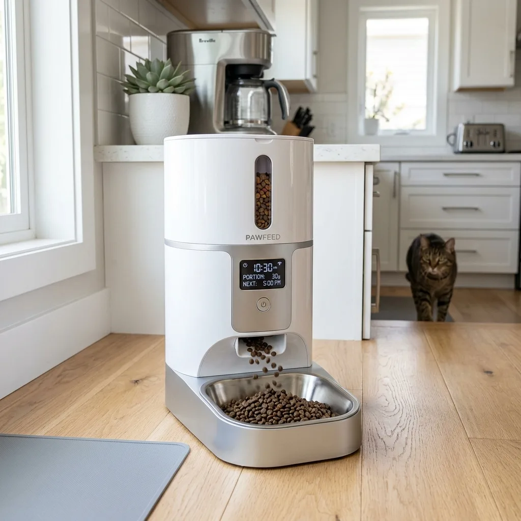 Six-second hero video of an automatic cat feeder