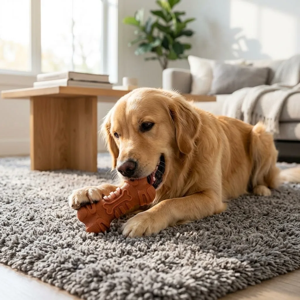 Lifestyle photo of a Golden Retriever playing with a chew toy on a living-room rug
