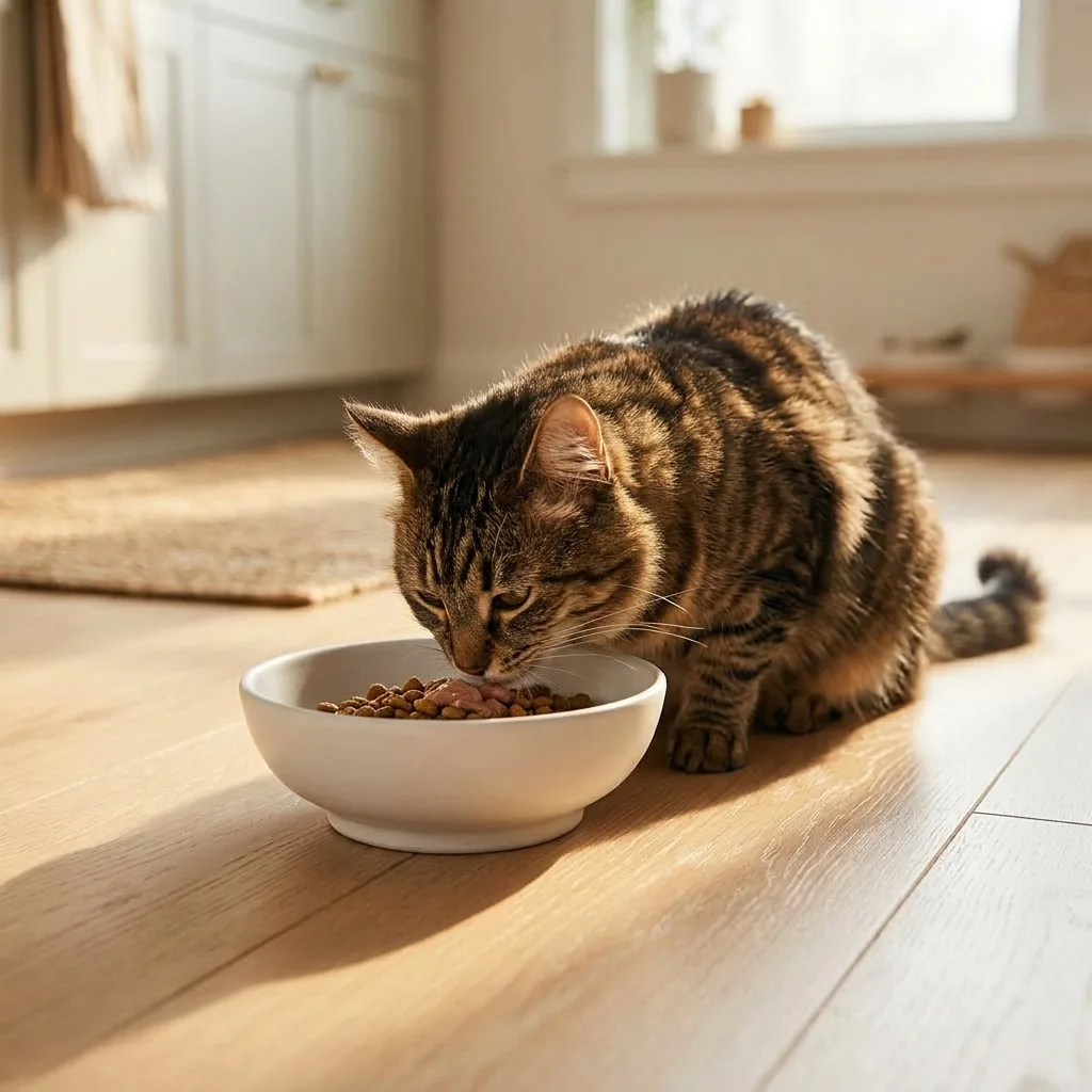 Lifestyle photo of a tabby cat eating from the ceramic bowl in a sunlit kitchen