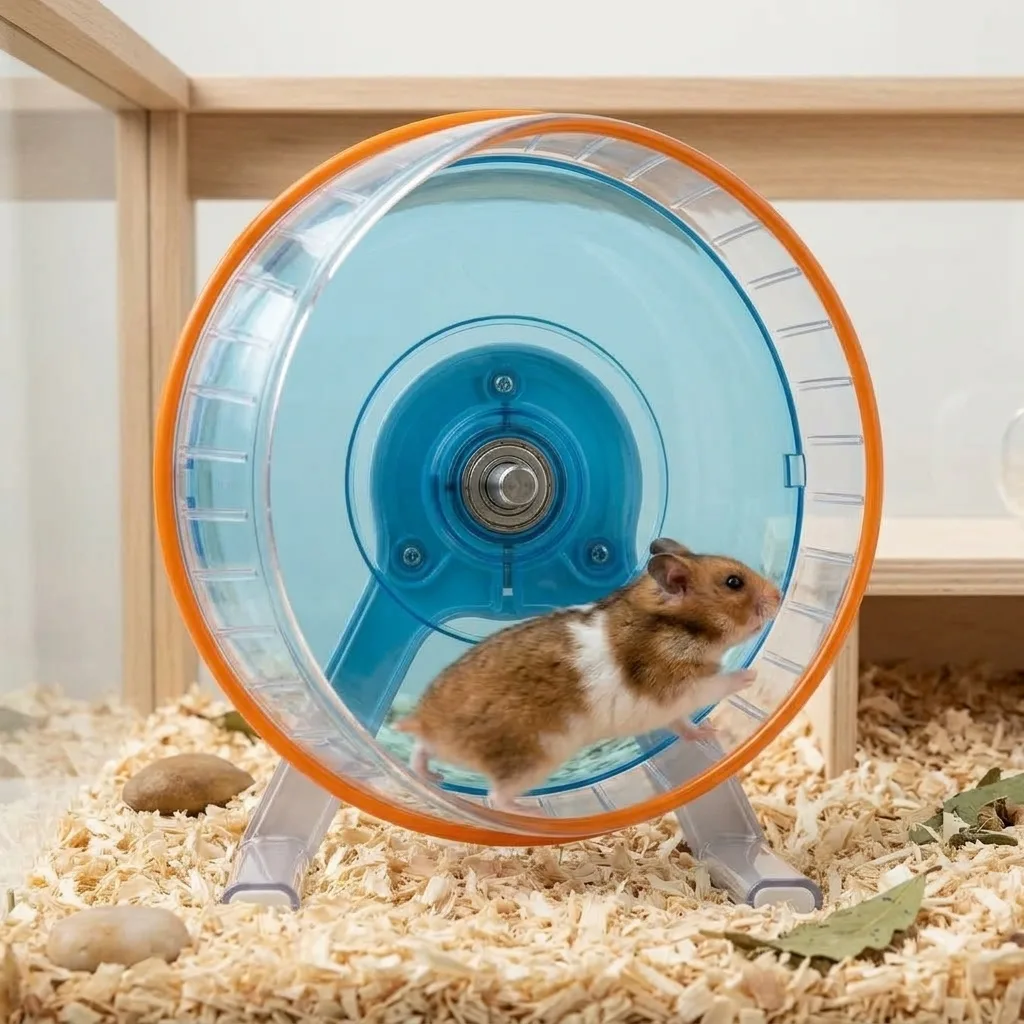 Lifestyle photo of a hamster running on the wheel inside a habitat