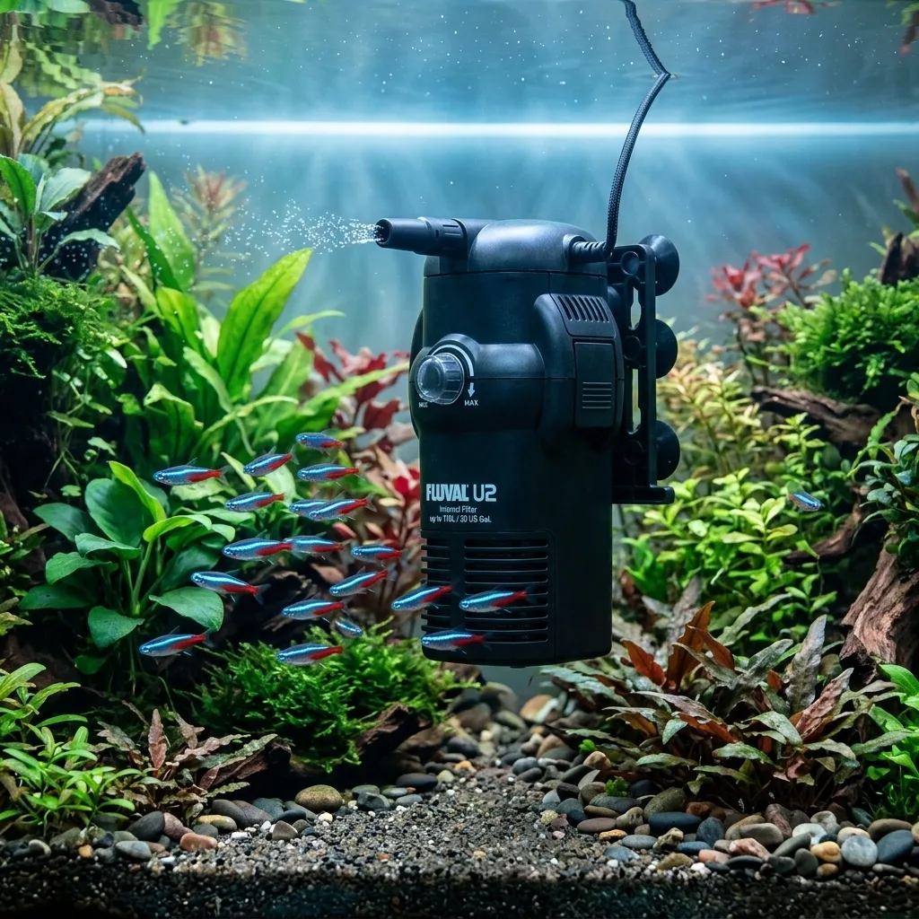Lifestyle photo of the filter installed in a freshwater tank with neon tetras