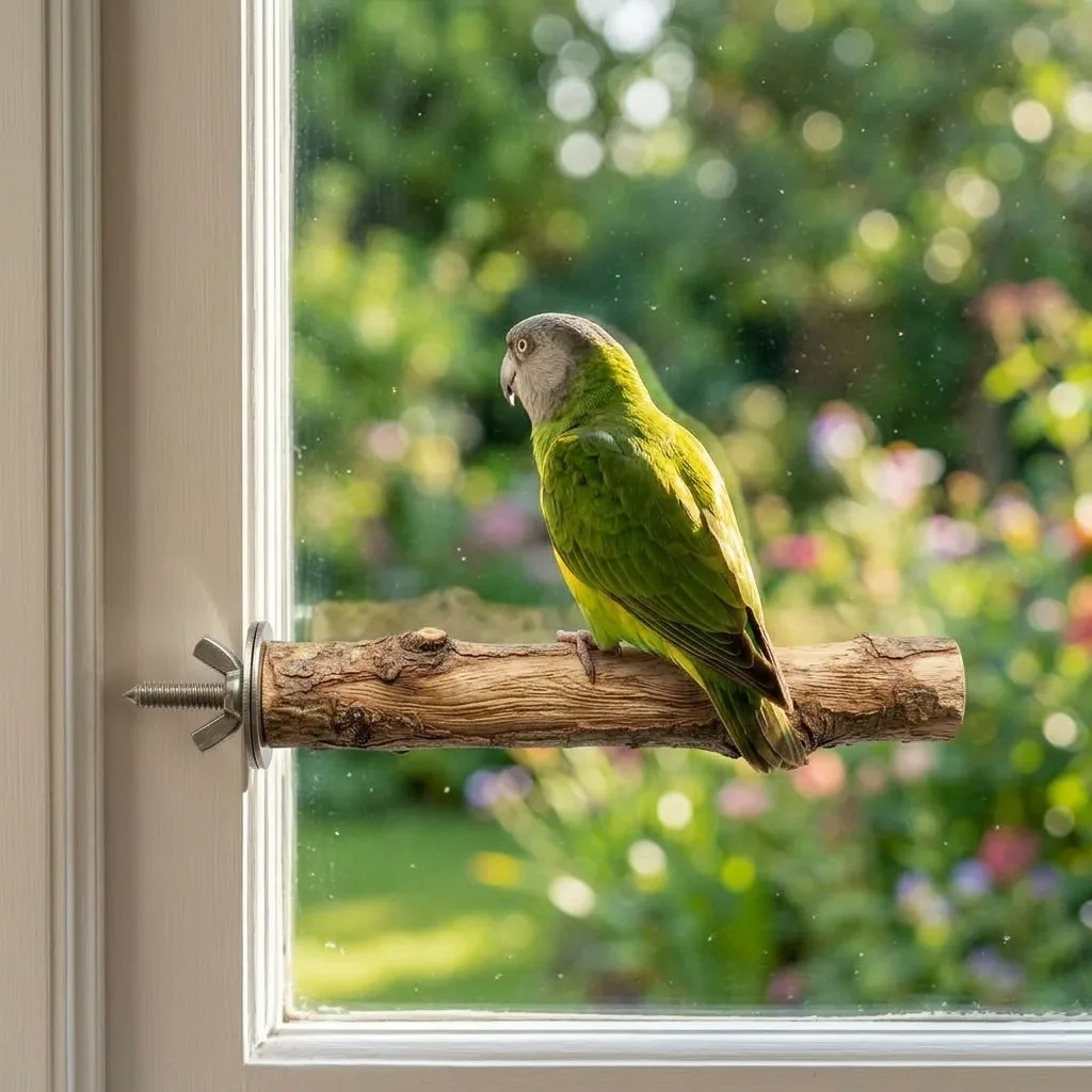 Lifestyle photo of a green parrot resting on the perch beside a window