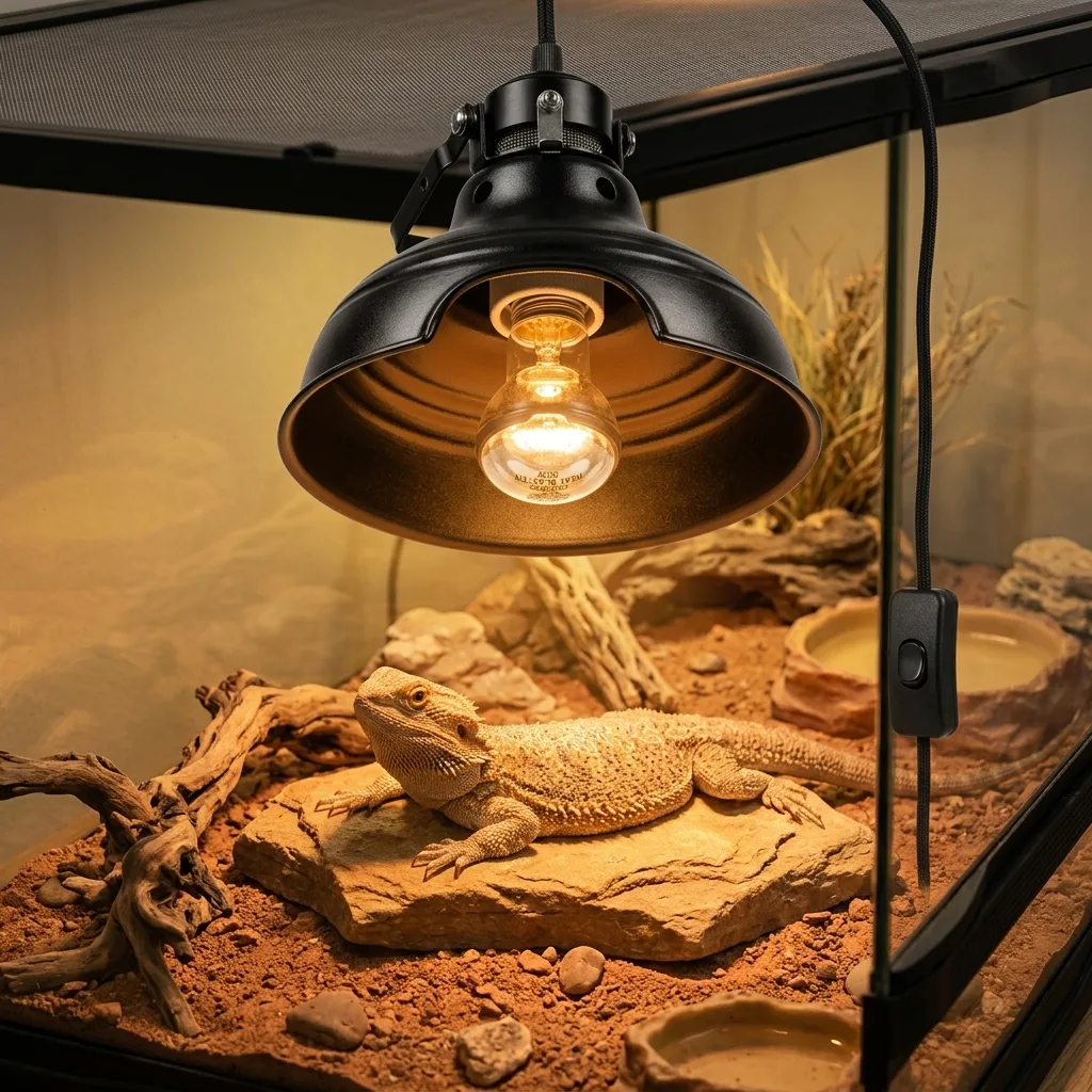Lifestyle photo of the lamp mounted over a bearded dragon's terrarium