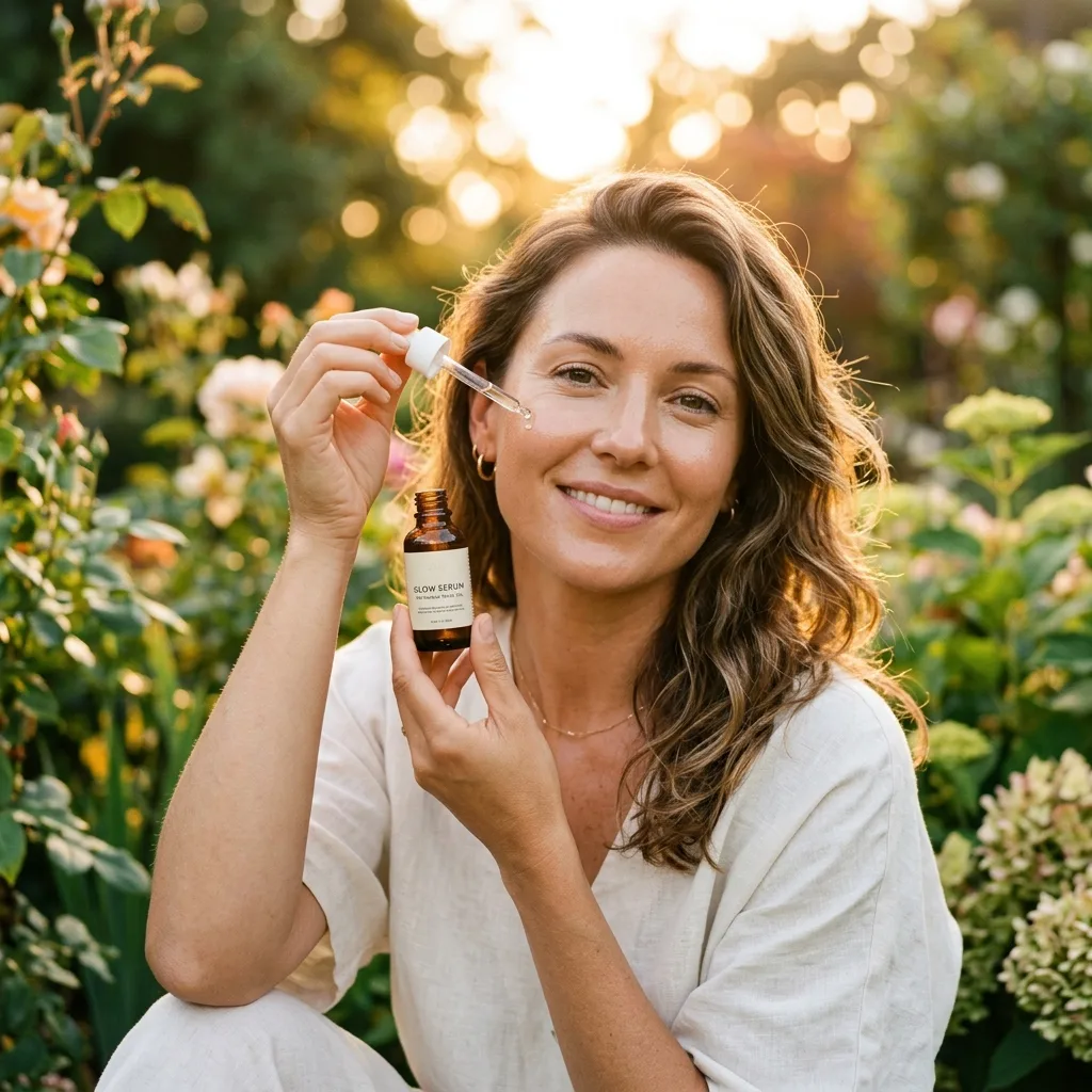 Lifestyle with model using beauty product in soft light