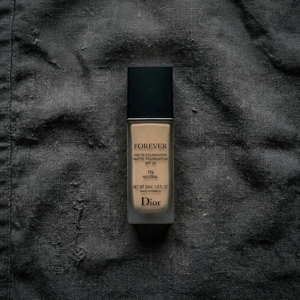 Foundation bottle on marble vanity with soft daylight