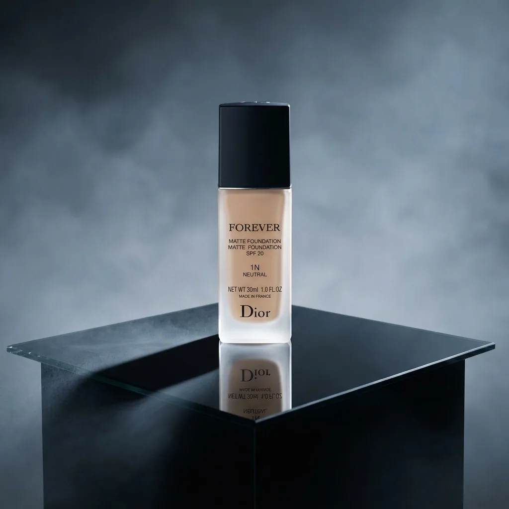 Foundation bottle on marble vanity with soft daylight