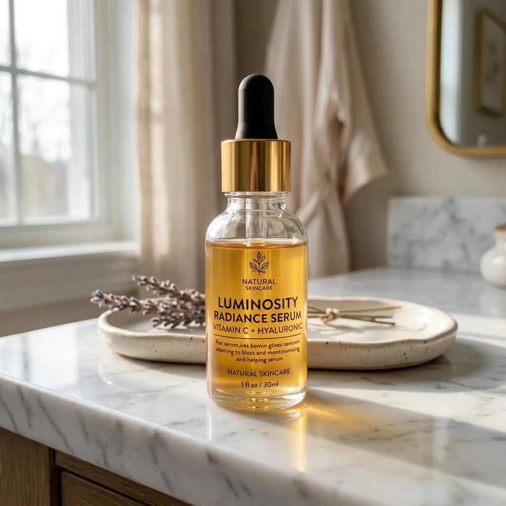 Foundation bottle on marble vanity with soft daylight
