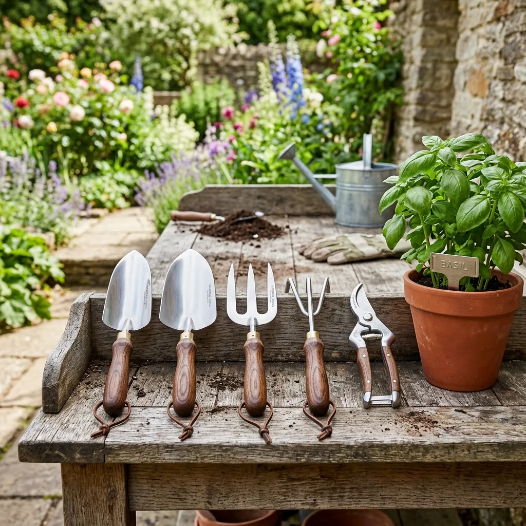 Gardening tools and lush green lawn
