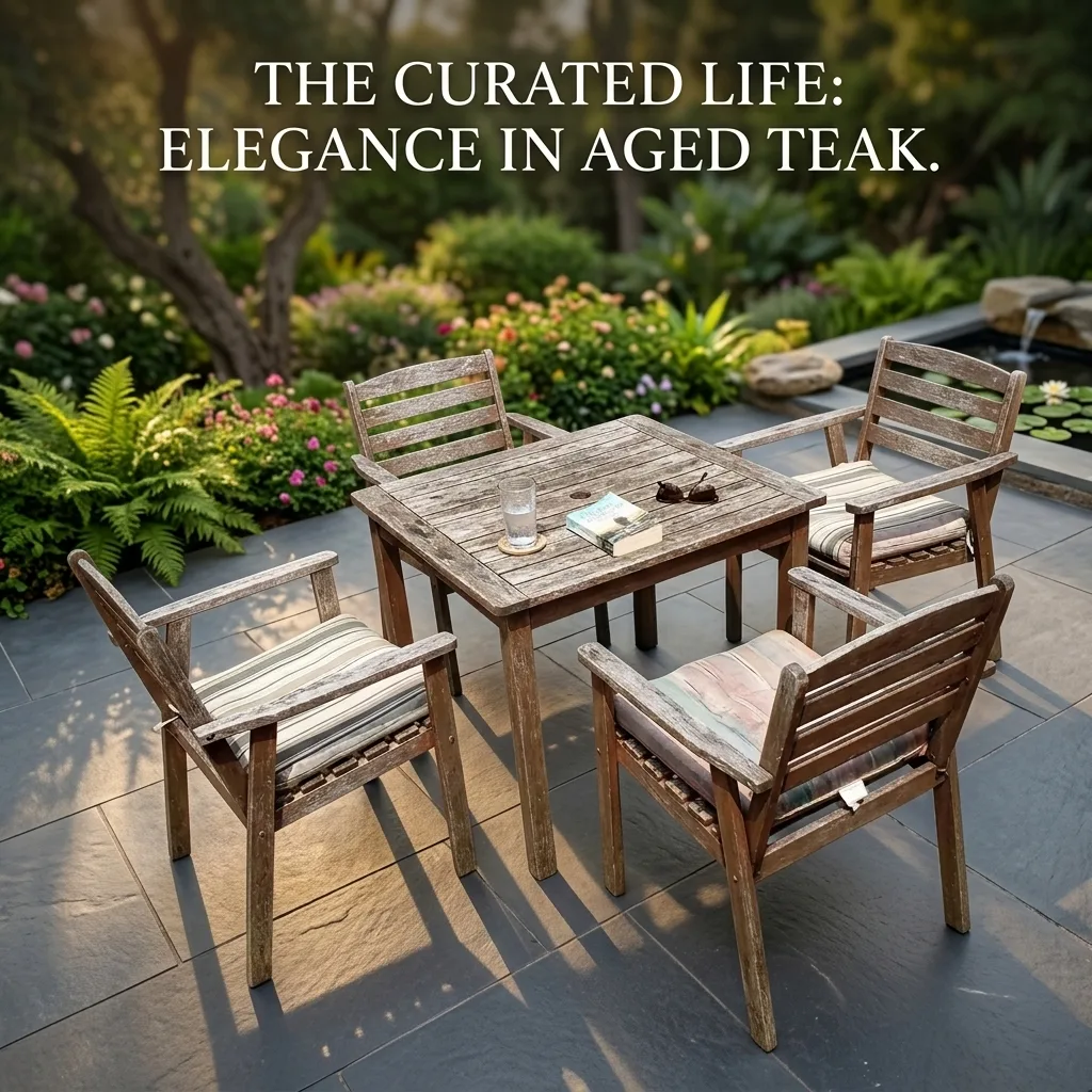 Fully optimized lifestyle render of patio furniture with generated infographics and features