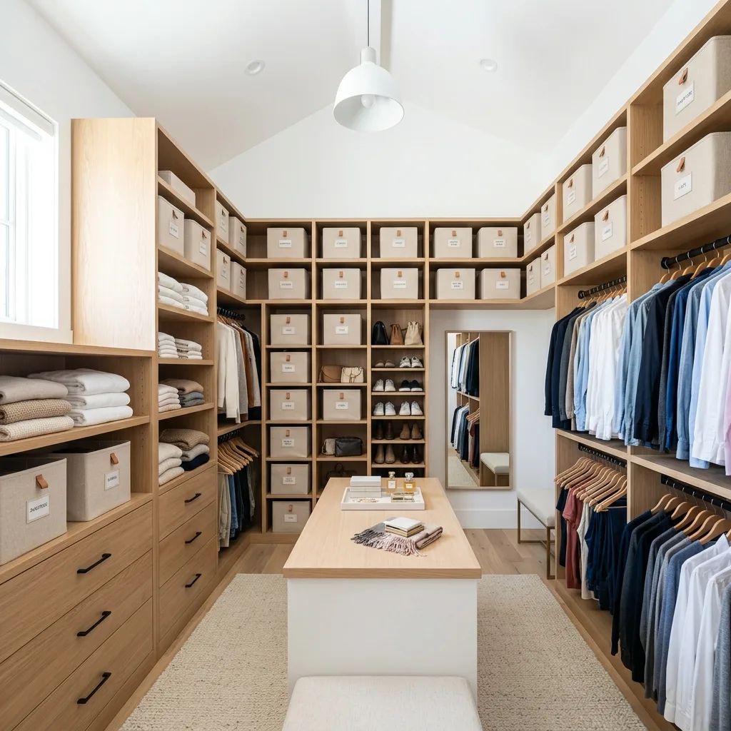 Neatly organized closet storage bins