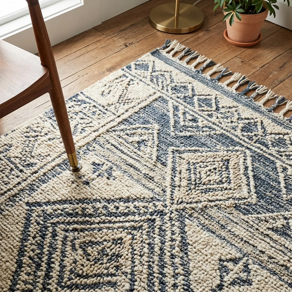 Textured woven area rug in living room