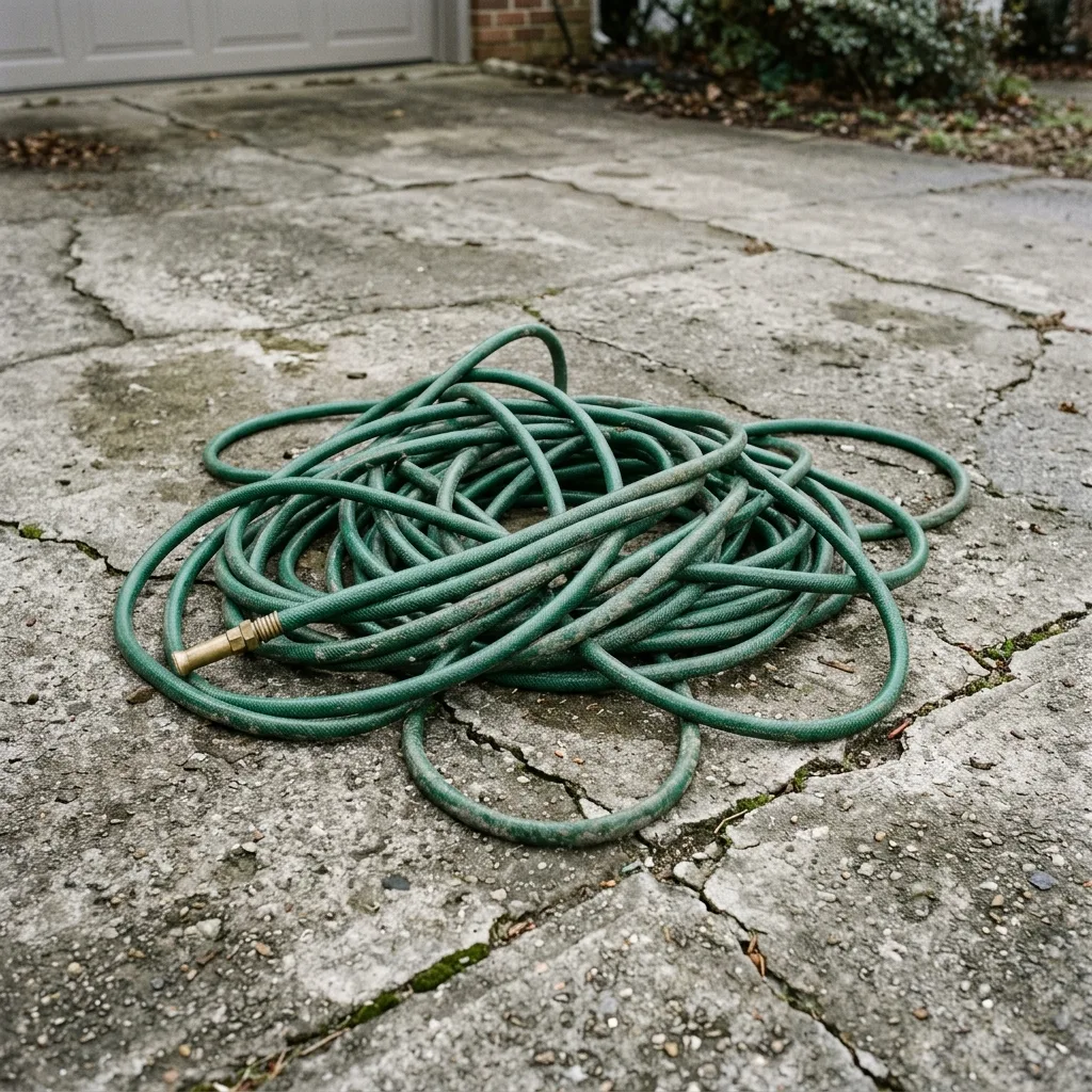 Garden hose coiled on concrete, original photo