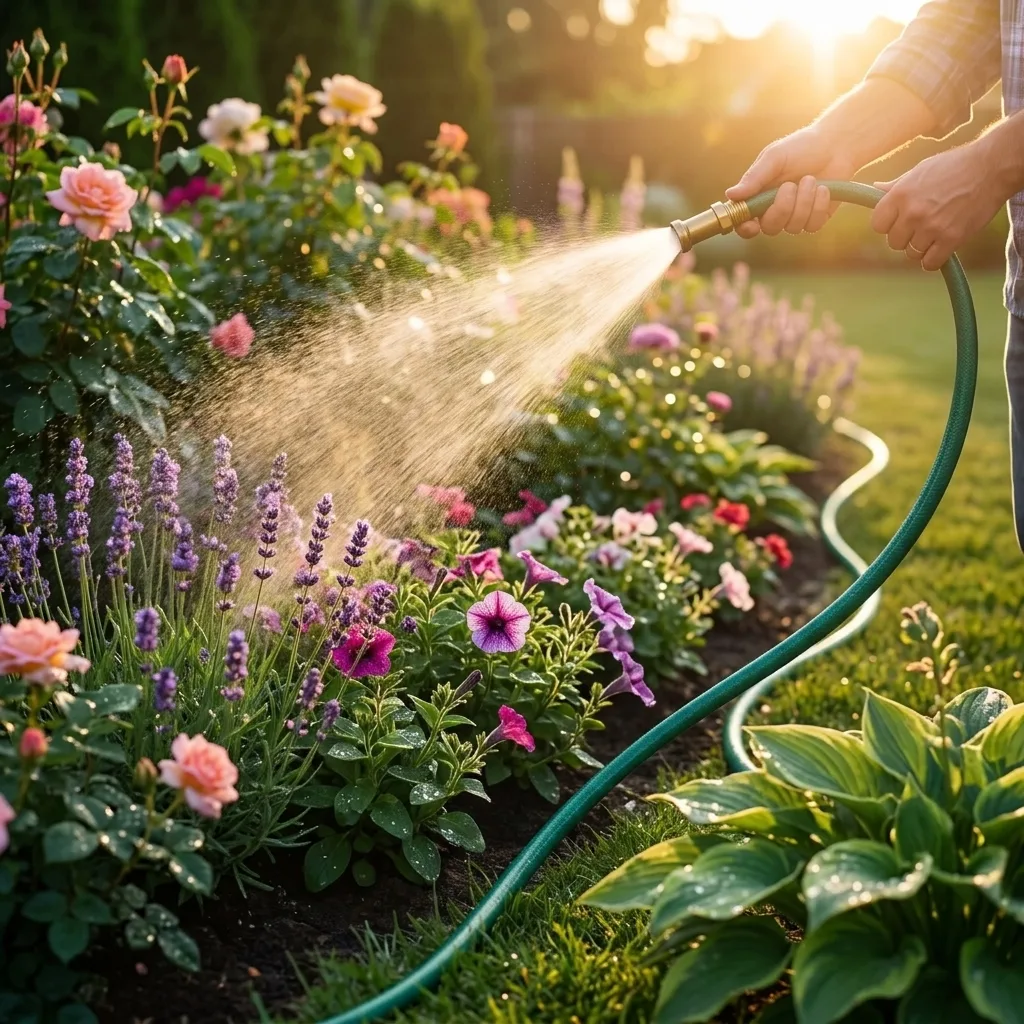 Garden hose in use on a vibrant lawn, AI lifestyle scene