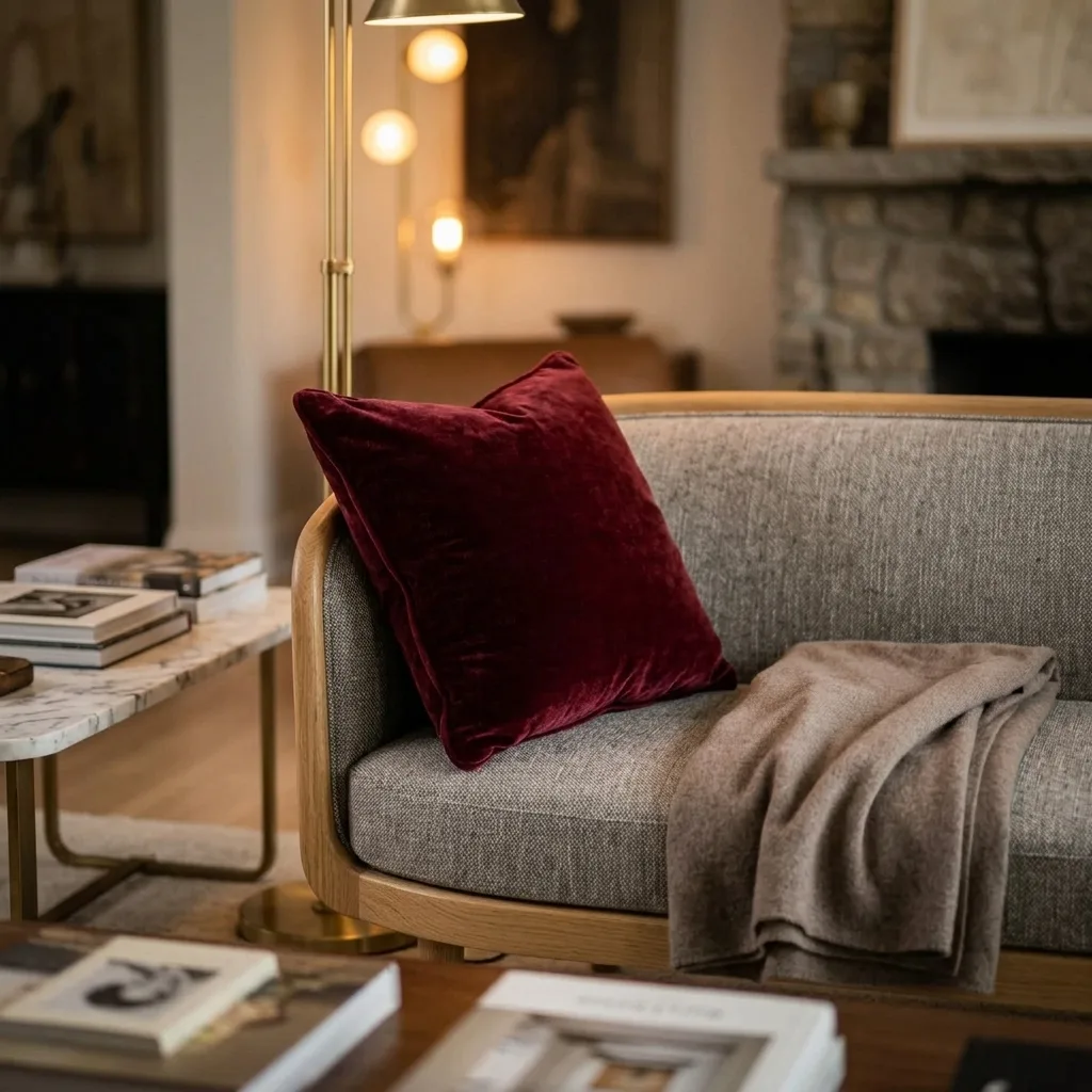 Throw pillow styled on a modern sofa, AI lifestyle scene
