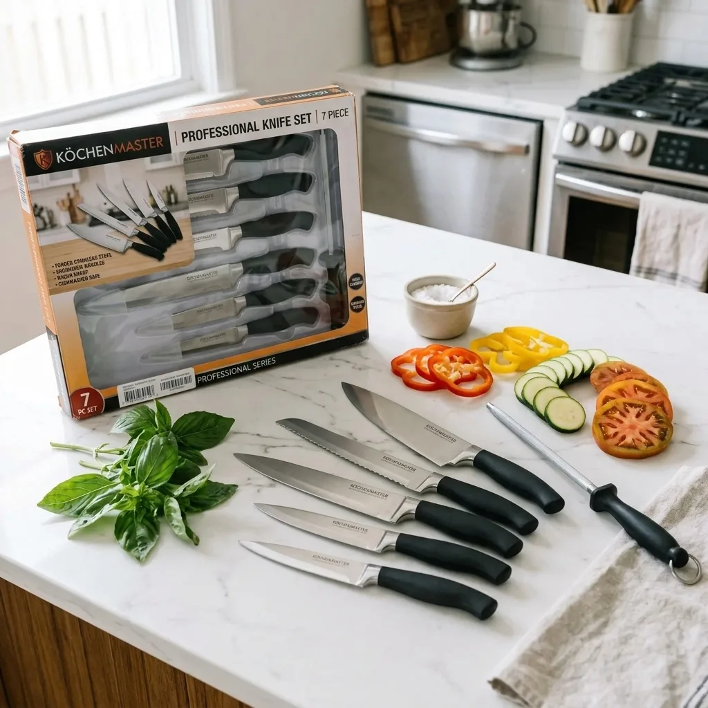 Knife set on a premium marble countertop, AI lifestyle scene