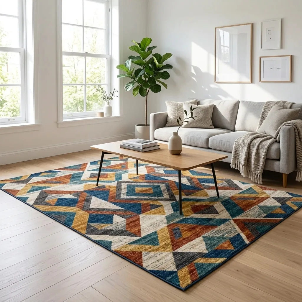 Area rug in a styled living room, AI lifestyle scene