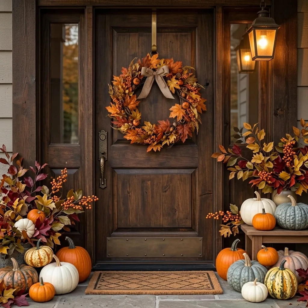 Wreath hung on a rustic front door, AI lifestyle scene