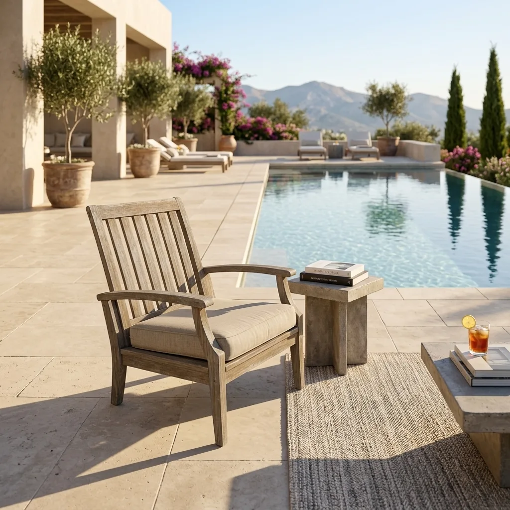 Outdoor lounge chair, AI lifestyle scene on a patio