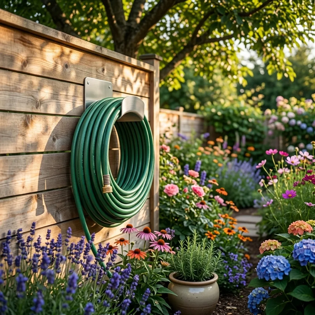 Garden hose, AI scene in a backyard garden