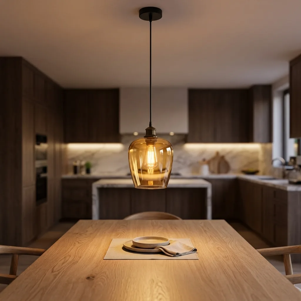Pendant lamp, AI interior scene over a dining table